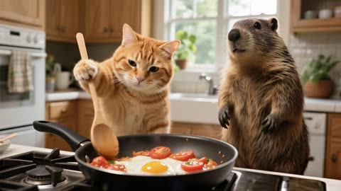 Kitten Adopts Marmot and Cooks Tomato-Egg Delight 🍅🐾#cat #cute #funny