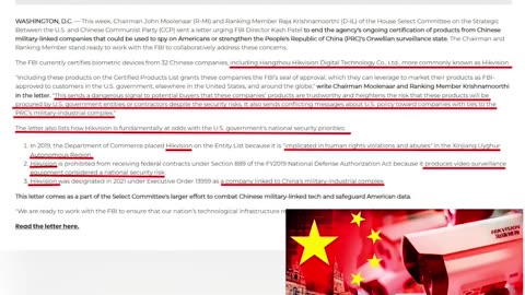 House Select Committee on the CCP urges FBI to stop certifying CCP's surveillance technologies