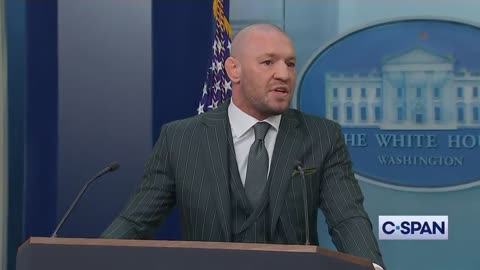 Conor McGregor speaks on Irish issues at the White House podium.