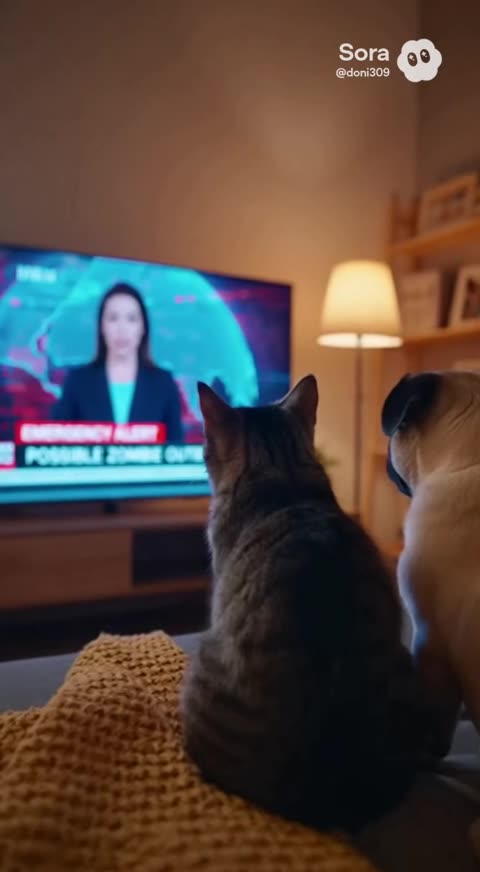 Кот и мопс смотрят новости