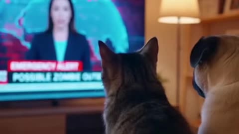 Кот и мопс смотрят новости