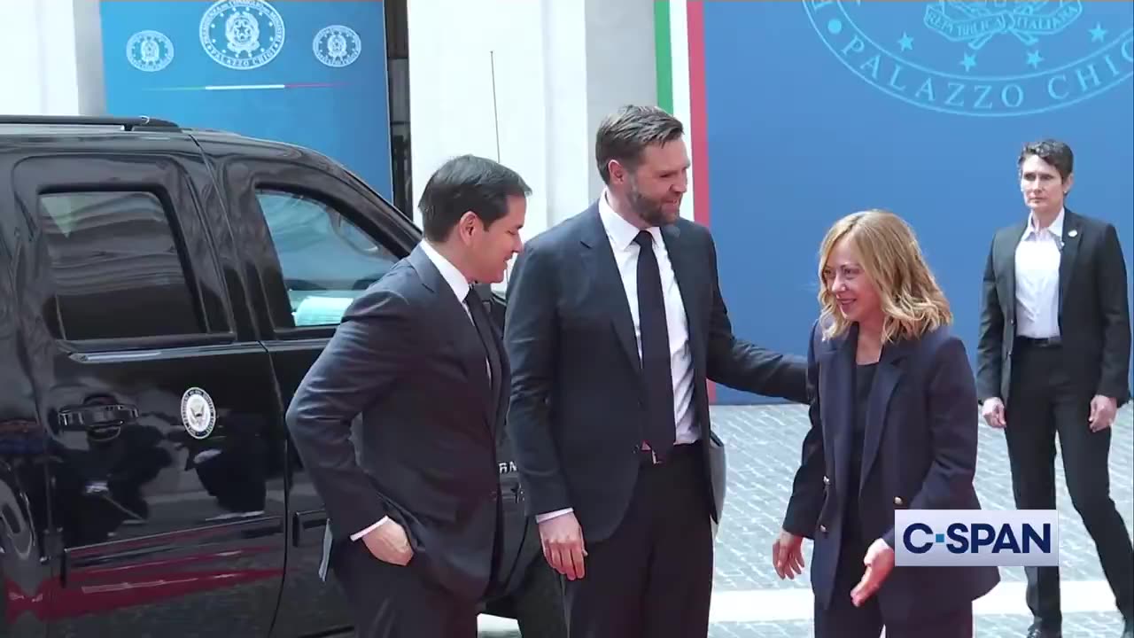 JD Vance and Marco Rubio with Italian Prime Minister Giorgia Meloni after attending Pope Leo's inauguration mass
