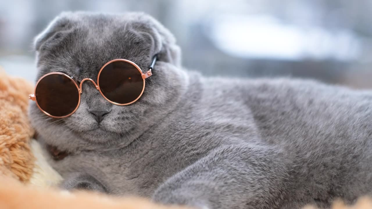 Portrait of a scottish shorthair gray cat in sunglasses