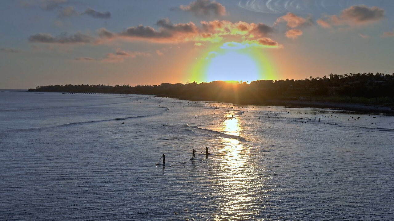 People practicing paddle surfing during a sunset