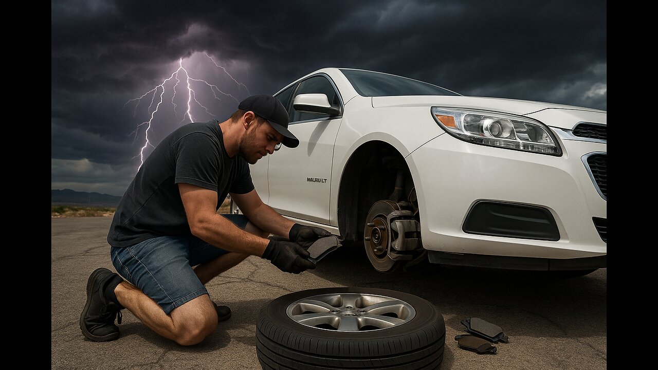 CHANGING MY FRONT BRAKE PADS!!! IMCOMING SEVERE THUNDERSTORM TOO FIGHTING THAT AS WELL!!!!