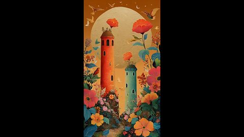 enjoy two towers talking about their colours and some birds flying over with flowers blooming