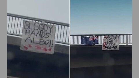 ‘Bloody hands Albo’ Aussies hang signs on highway blasting PM over Bondi massacre (1)