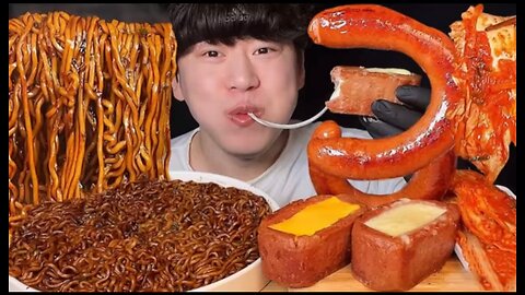 Jjajangmyeon + crispy sausage + cheese luncheon meat + kimchi