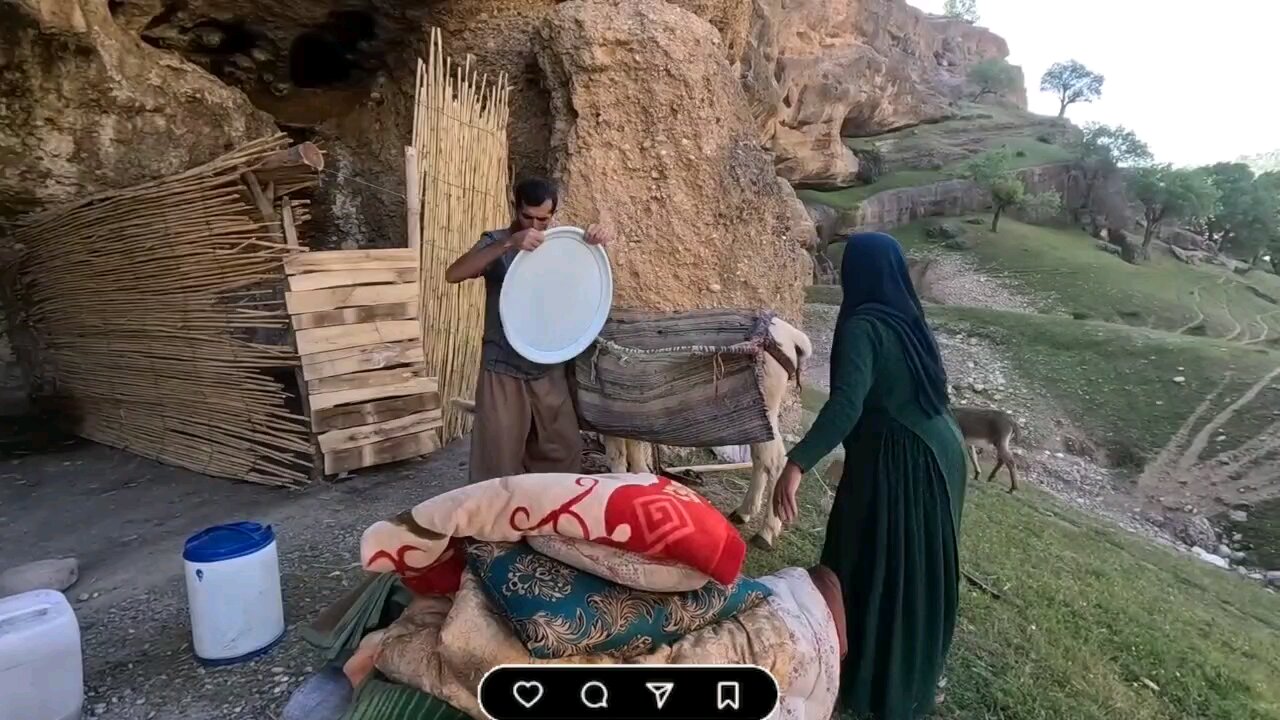 nomadic family moves to a new cave to live and raise livestock