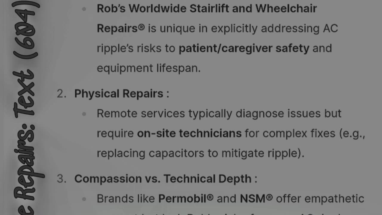 Power Chair repairers offering long-distance repair services with similar expertise in AC ripple?