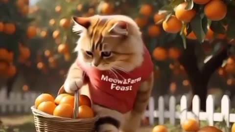 "Cat Harvests Juicy Oranges!"
