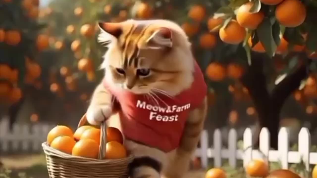 "Cat Harvests Juicy Oranges!"