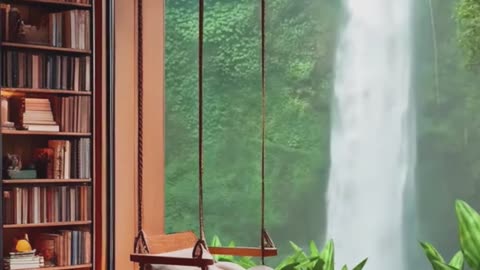 Tranquil Resort Room with Swing and Bookshelf.