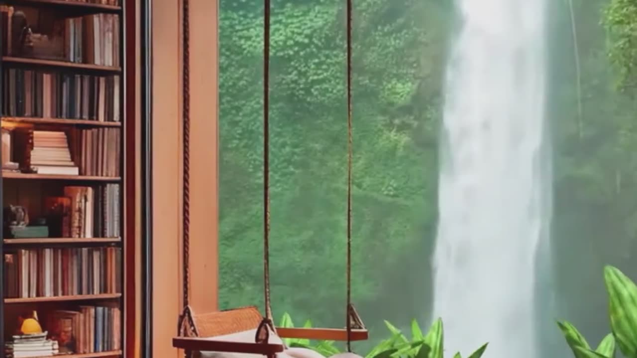 Tranquil Resort Room with Swing and Bookshelf.