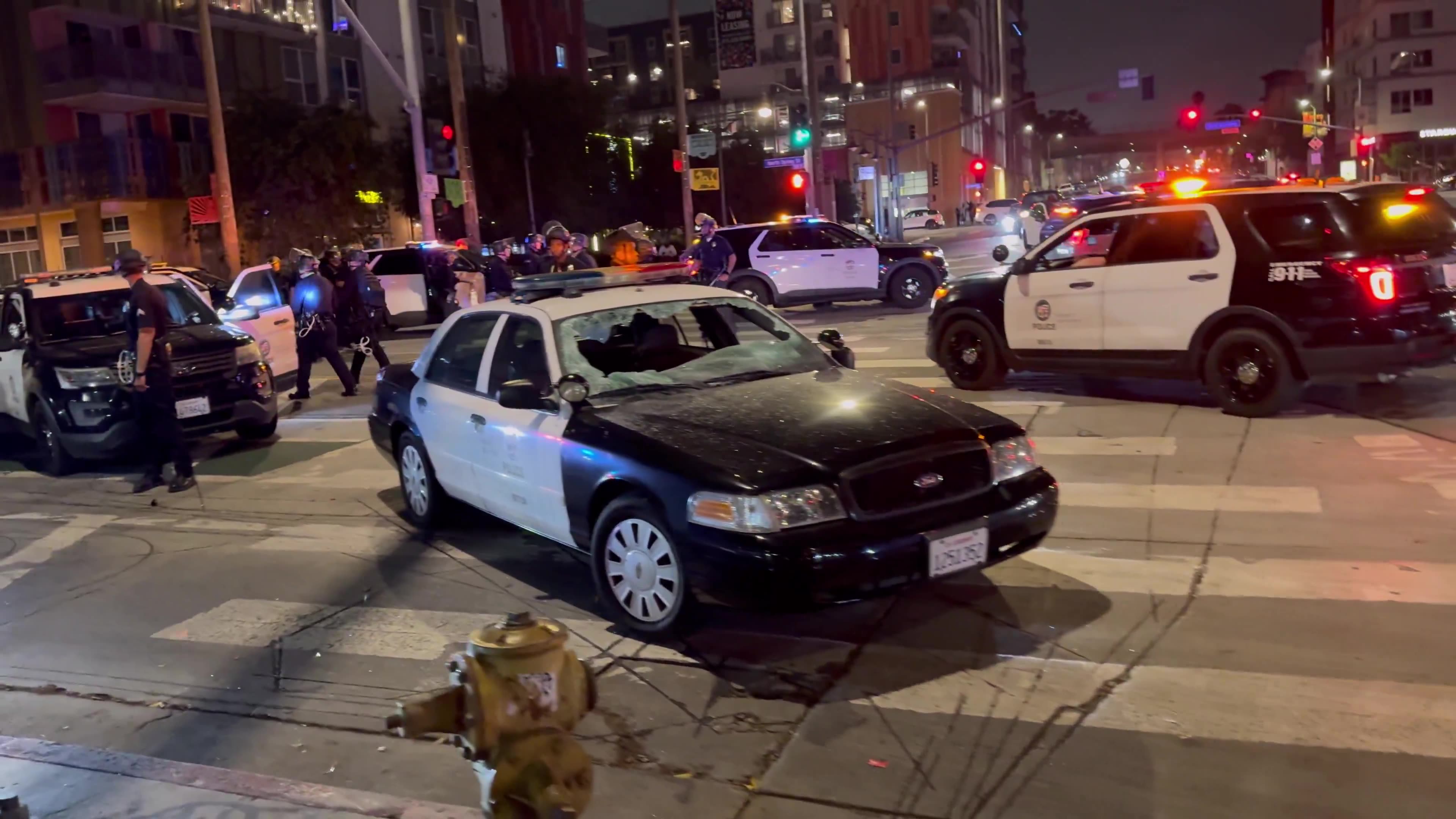 Apocalyptic scenes in Los Angeles as police cruiser gets destroyed