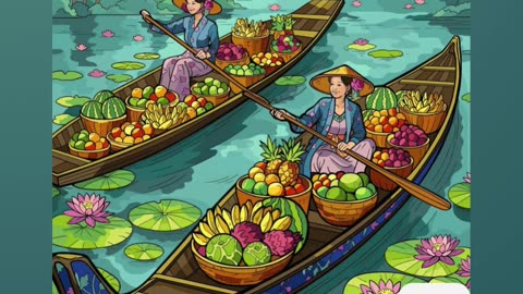 Traditional Floating Market with Fruit Vendors on Vibrant River