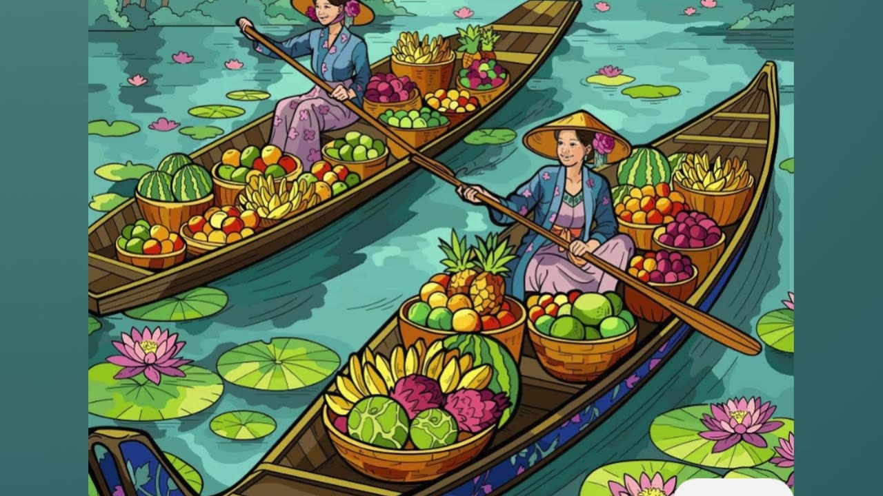 Traditional Floating Market with Fruit Vendors on Vibrant River