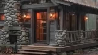 Rainy autumn cabin with white cat.