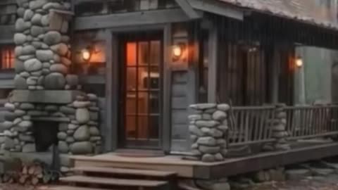 Rainy autumn cabin with white cat.