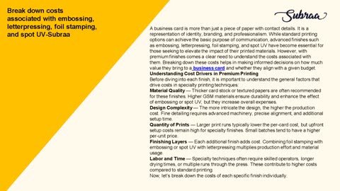 Break down costs associated with embossing, letterpressing, foil stamping, and spot UV-Subraa