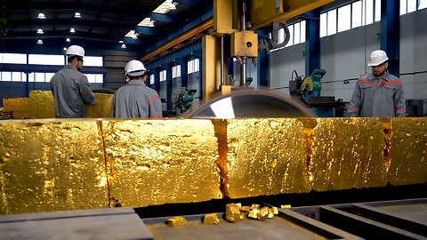 Распил большого куска золота на заводе — мощный процесс металлообработки.