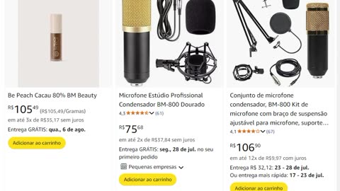 Microfone Estúdio Profissional Condensador BM-800 Dourado
