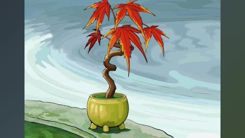 Illustration of a Bonsai Tree with Vibrant Maple Leaves in a Ceramic Pot