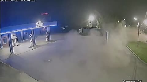 A speeding car hits a gas pump and is torn in two