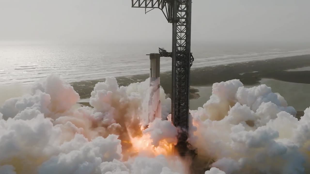 Static fire of the Super Heavy preparing to launch Starship's ninth flight test.