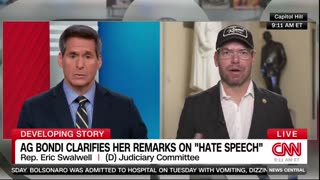 Eric Swalwell, wearing a "Jimmy Kimmel Live" hat, claims he's had multiple death threats.