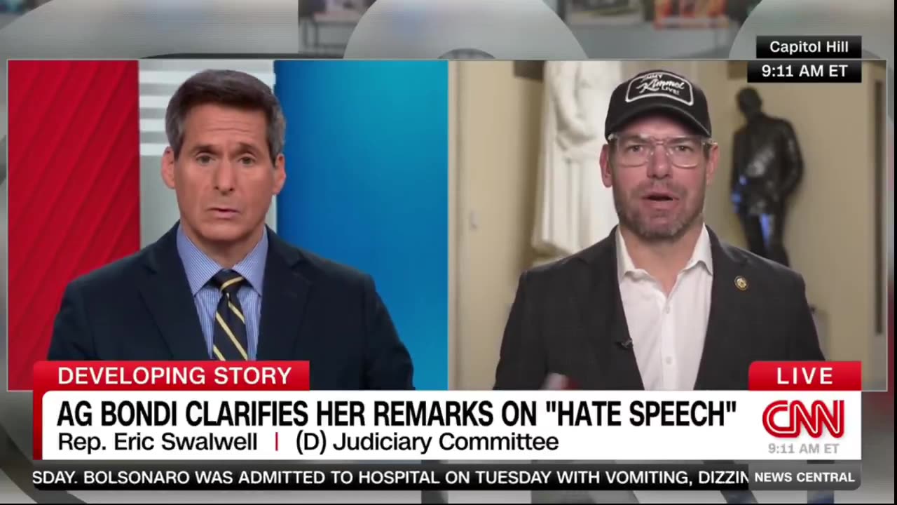 Eric Swalwell, wearing a "Jimmy Kimmel Live" hat, claims he's had multiple death threats.