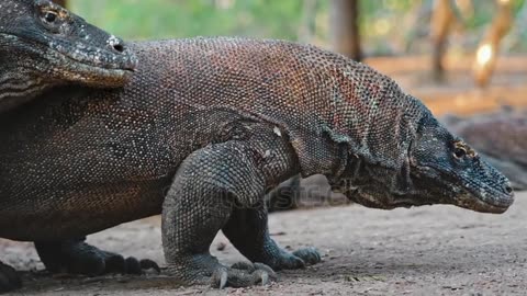 Two Komodo dragons are walking on Rinca Island.