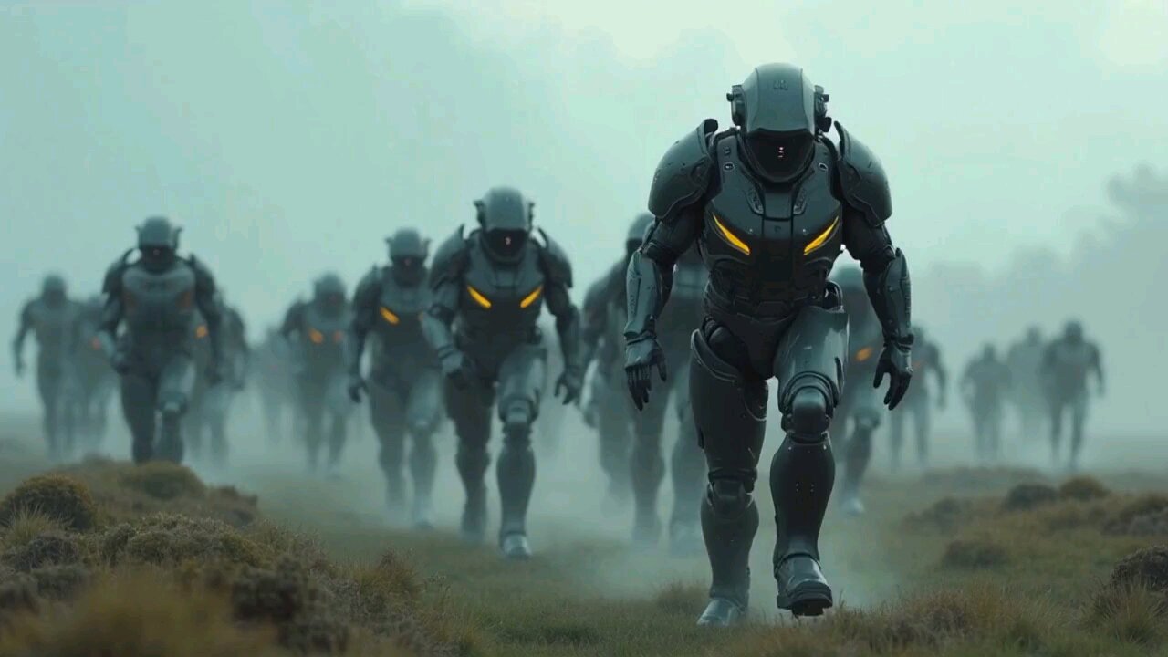 A futuristic army with glowing exoskeleton suits advancing through a misty battlefield
