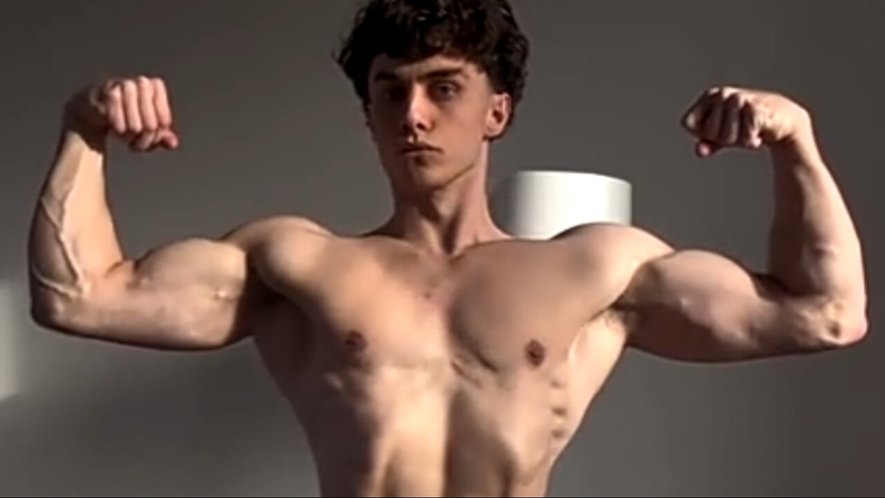 Young man flexing muscles