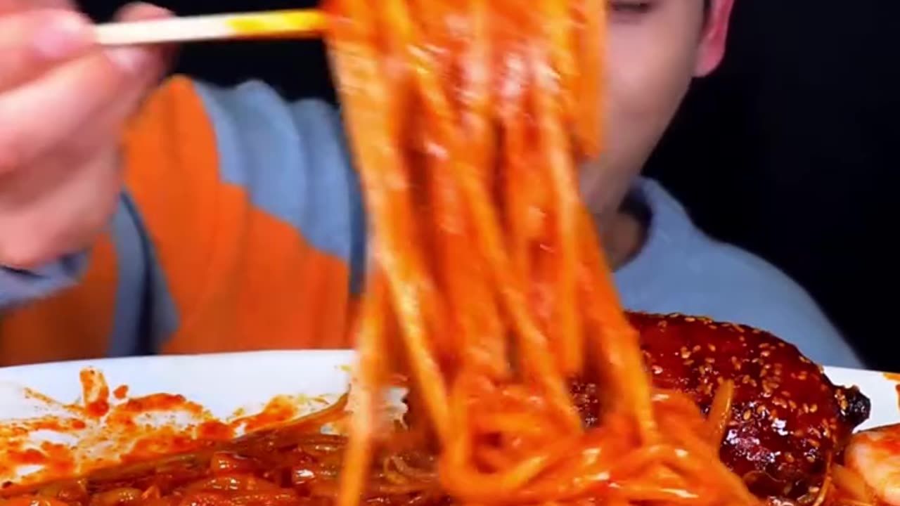 Korean Noodles with seafood Mukbang