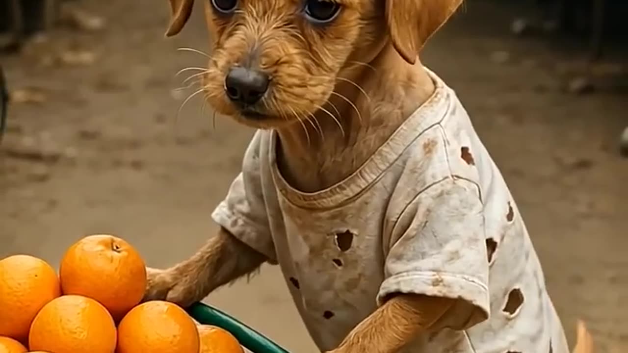 A dog with a cart with oranges in it