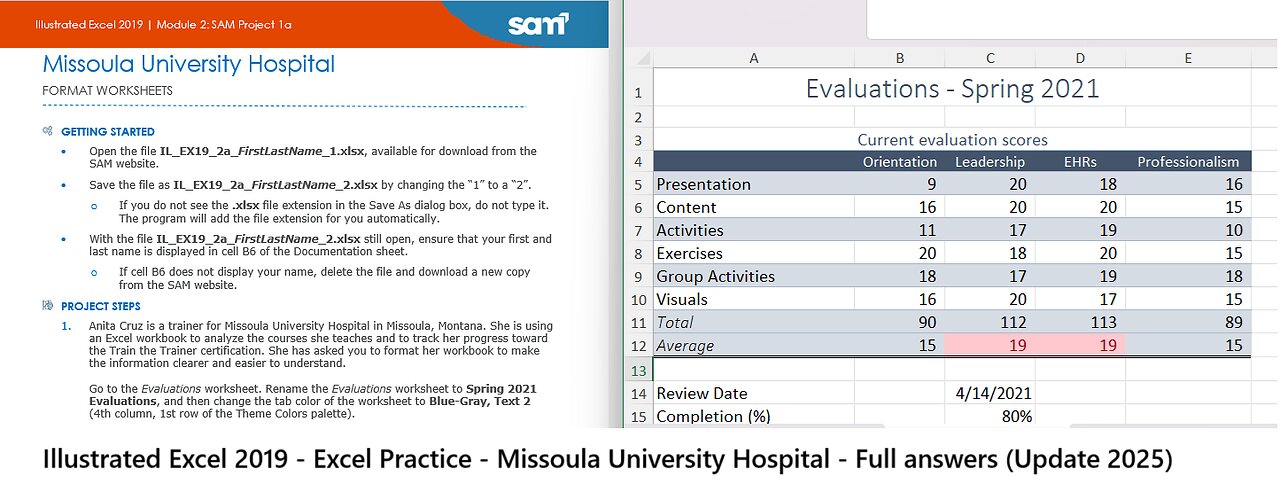 Illustrated Excel 2019 | Module 2: SAM Project 1a | Missoula University Hospital (Update 2025)