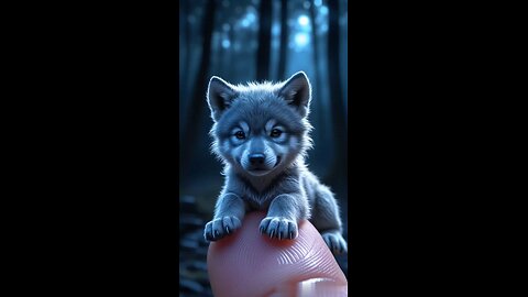 A wolf cub sits on a man's finger