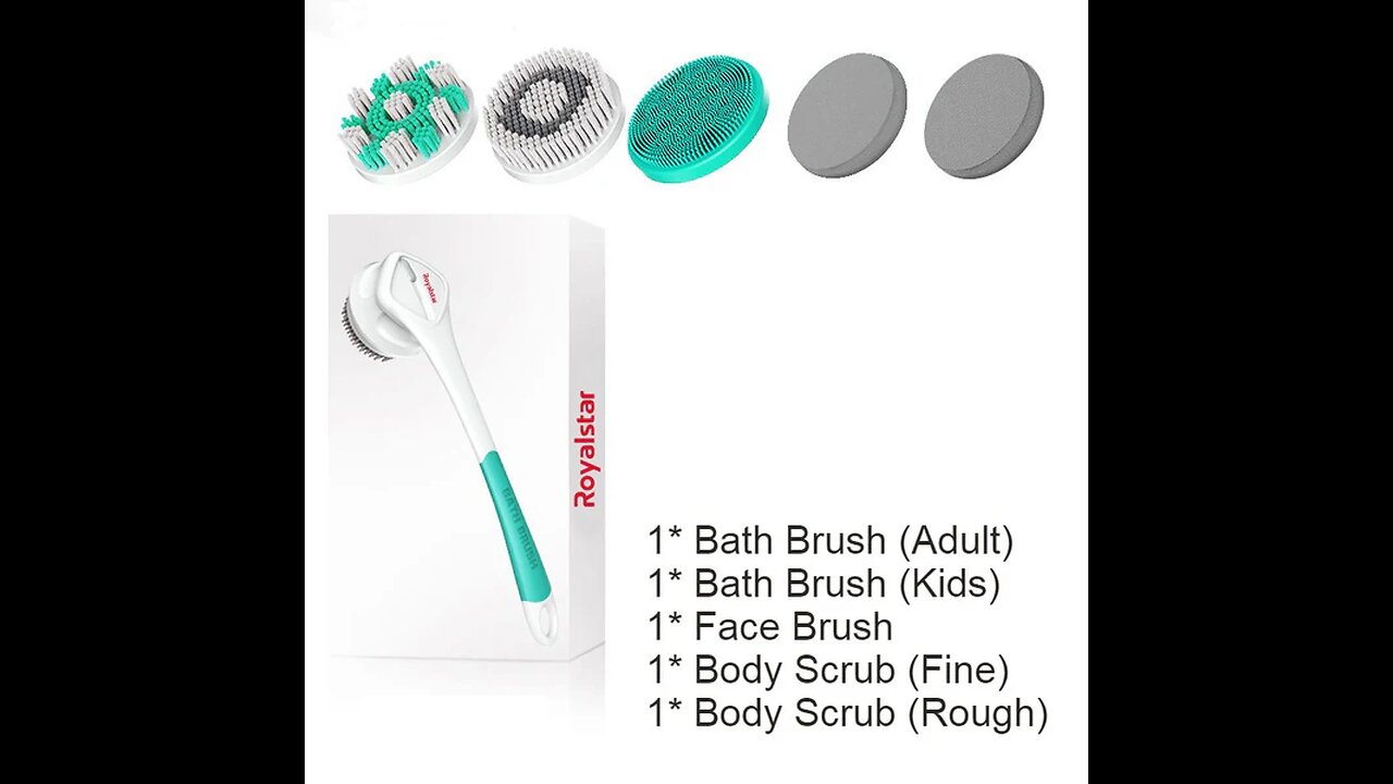 All-in-One Rechargeable Body Brush Set, with 7 Replaceable Heads & Long Handle for Body, Face & Foot