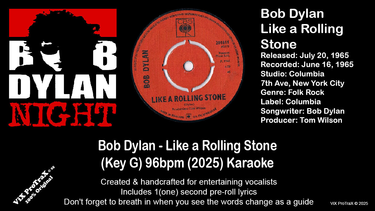 SingLikeBob - Bob Dylan - Like a Rolling Stone (Key G) 96bpm (2025) Karaoke