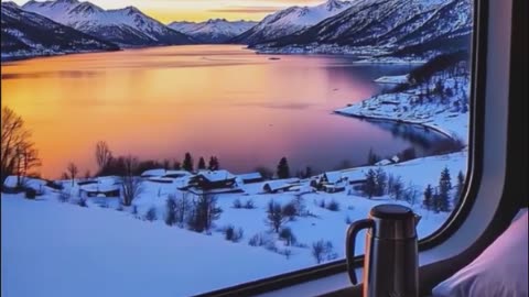 Winter Train Journey with Snowy Mountains.