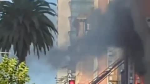 Large fire breaks out in the Downtown Stockton, near Main Street and Weber Avenue in California, USA