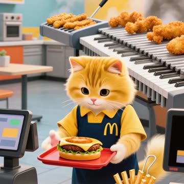 a cat got a job at McDonald's for money