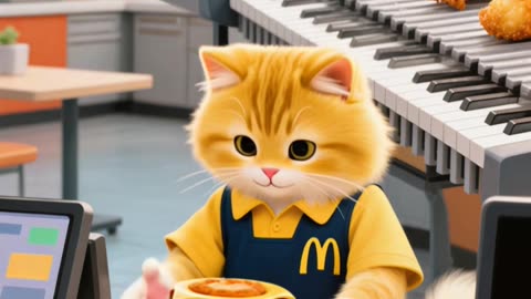 a cat got a job at McDonald's for money