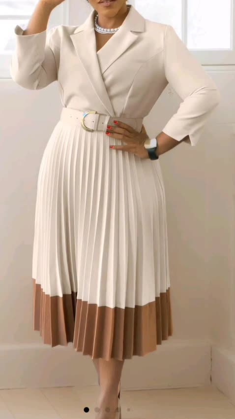 Colorblock Pleated Belted Dress—Elegant Lapel, Flattering Silhouette & Waist-Defining Belt