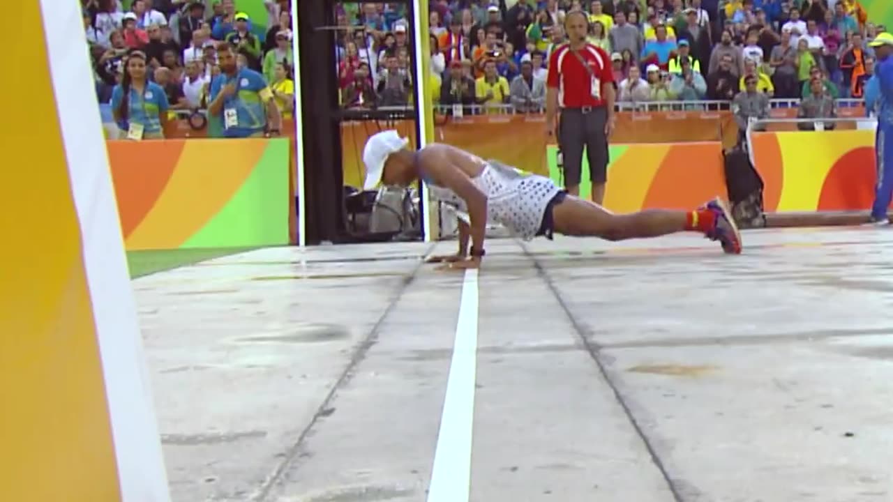 Marathon not hard enough? Push ups at finish line...