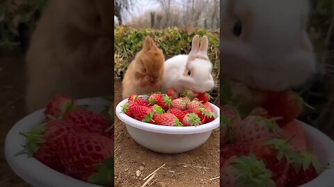 The little rabbit realizes the freedom of petting strawberries. Rabbit, a cute little pastoral pet.