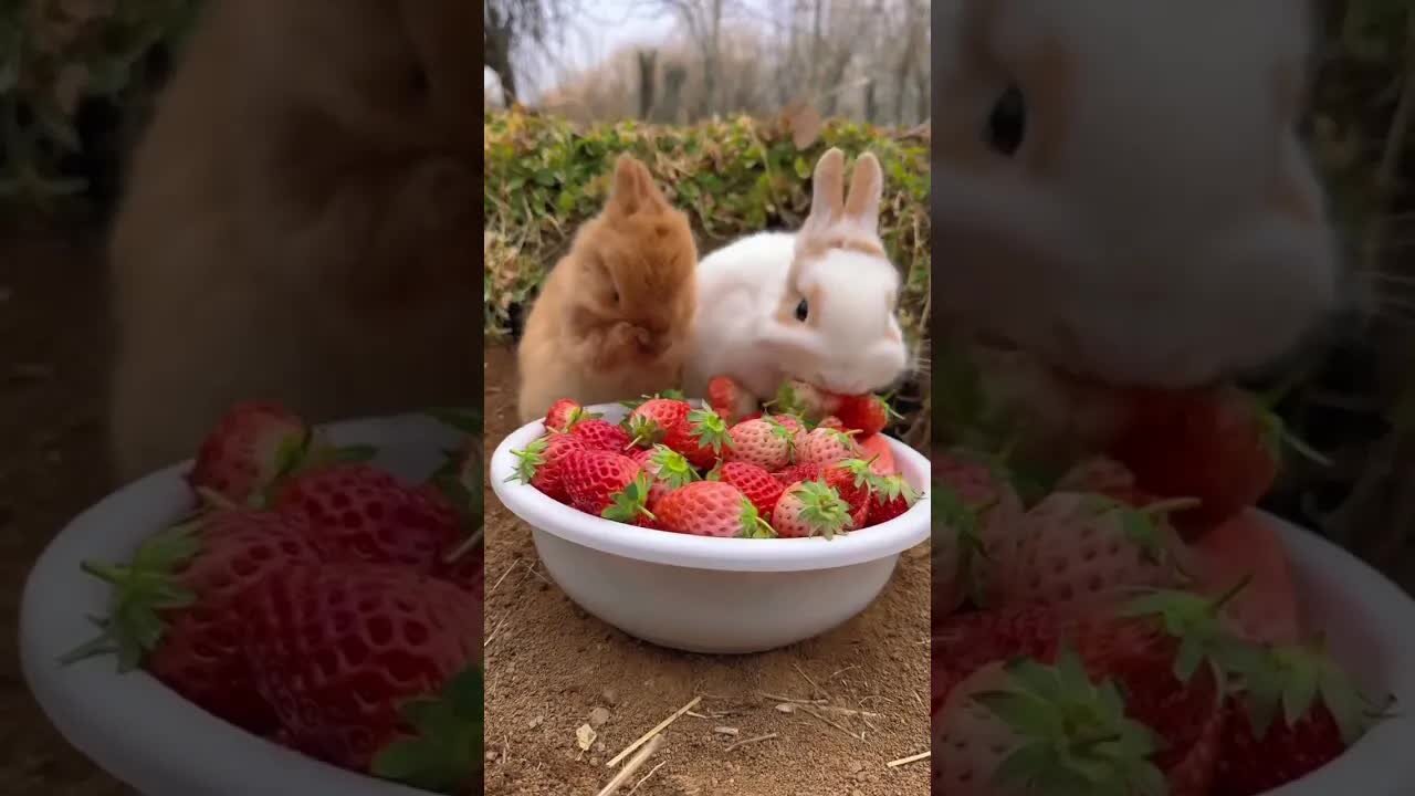 The little rabbit realizes the freedom of petting strawberries. Rabbit, a cute little pastoral pet.
