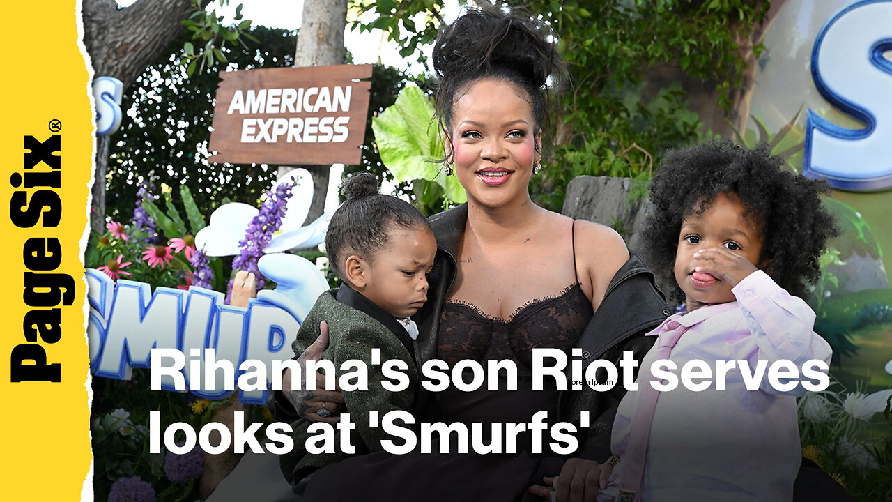 Rihannas son Riot, 1, wears high-fashion look straight from the runway on Smurfs premiere red carpet