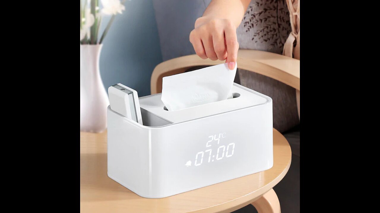Multi-Function Smart Electronic Alarm Clock Tissue Box, with Indoor Thermometer and Sound Control